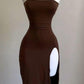 Brown Strapless Sheath Simple Cocktail Dress with Split, DP3319