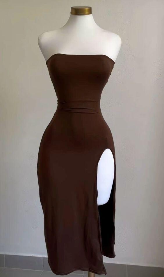 Brown Strapless Sheath Simple Cocktail Dress with Split, DP3319