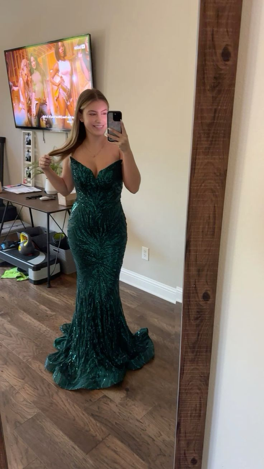 Strapless Sequins Mermaid Green Long Formal Prom Dress Evening Gown DP3862