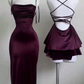 Burgundy Sheath Straps Long Party Dress Birthday Outfits, DP3101