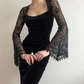 Black Lace Long Sleeves Velvet Long Party Dress Special Occasion Dress, DP2800