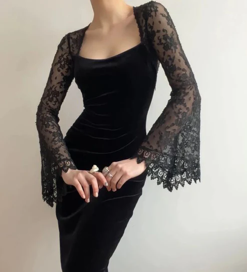 Black Lace Long Sleeves Velvet Long Party Dress Special Occasion Dress, DP2800