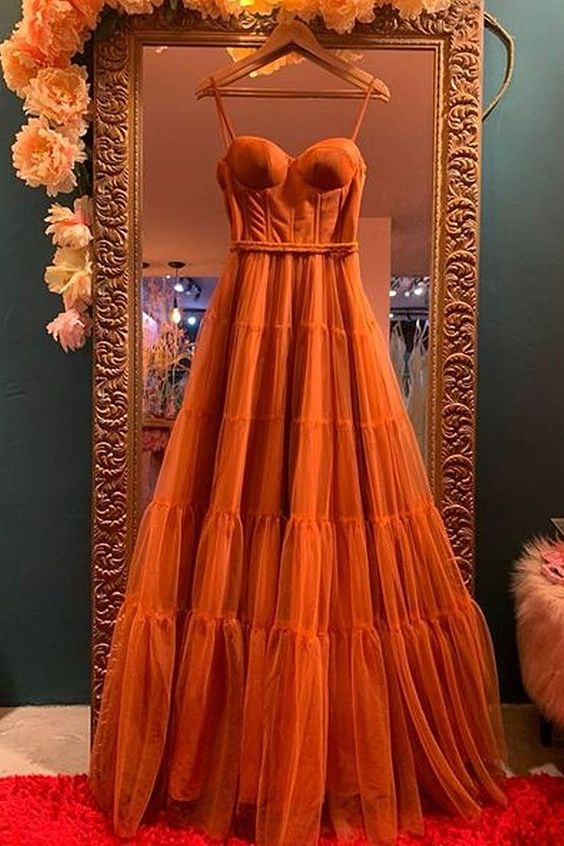 Burnt Orange Straps Tulle A-Line Long Prom Gown Occasion Dress, DP3474