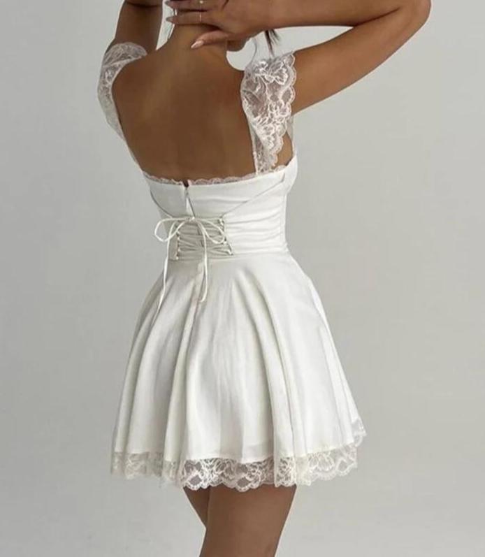 White Straps Lace A-Line Homecoming Dress Birthday Outfit, DP3288