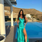 Green Straps A-Line Satin Long Party Dress Fashion Summer Dress, DP3345