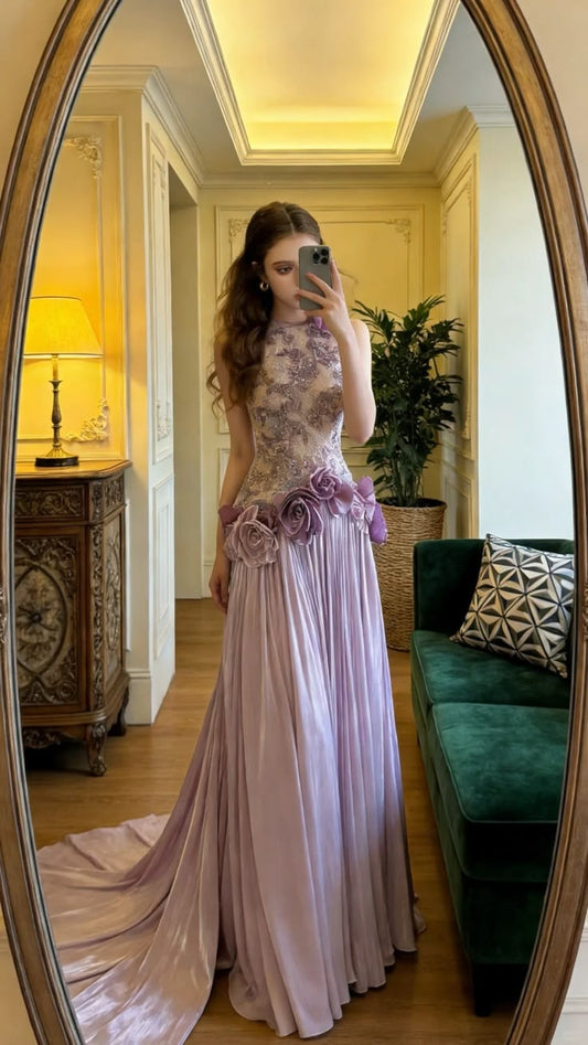 Glamorous Lavender 3D Floral Applique Satin High Neck & Pleated Evening Gown DP8171