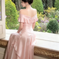 Elegantes pinkfarbenes, schulterfreies Satin-Rüschen-Oberteil A-Linien-Brautjungfernkleid DP8369