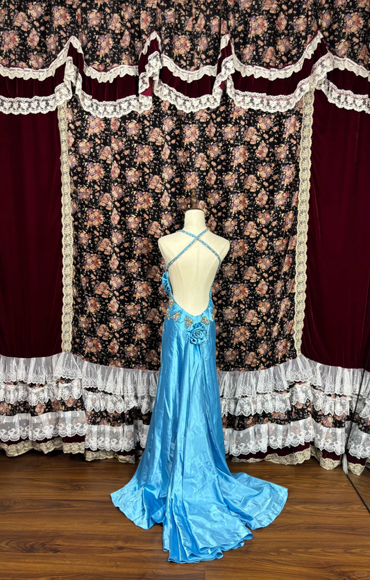 Retro Blau Perlenbesetztes V-Ausschnitt Neckholder Kleid A-Linie Satin Quinceanera Kleider Ballkleider, DP5914