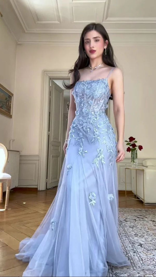 Glamorous Spaghetti Strap Tulle A-Line Prom Dress 3D Floral Lace Applique Formal Evening Gown DP8201