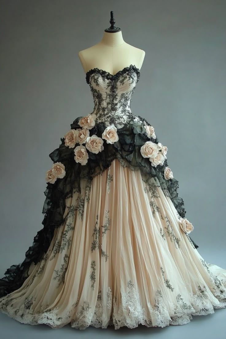 Vintage-Inspired 3D Rose Appliques A-Line Lace Ruffled Tulle Evening Gown DP7168