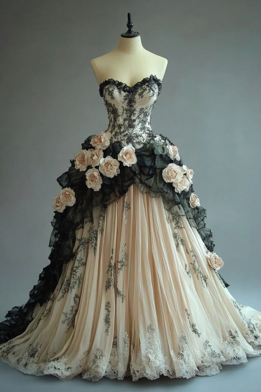 Vintage-Inspired 3D Rose Appliques A-Line Lace Ruffled Tulle Evening Gown DP7168