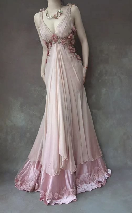 Vintage Pink Chiffon Evening Gown Floral Layered Hem Prom Dress DP8285