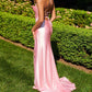 Elegant Pink Spaghetti Strap Square Neck Satin Ruched High Slit Mermaid Prom Dress DP8642