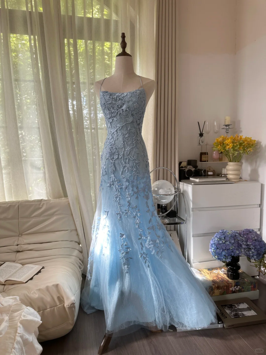 Retro Light Blue Applique Backless Design Romantic Chiffon Evening Dress Prom Dress, DP5988
