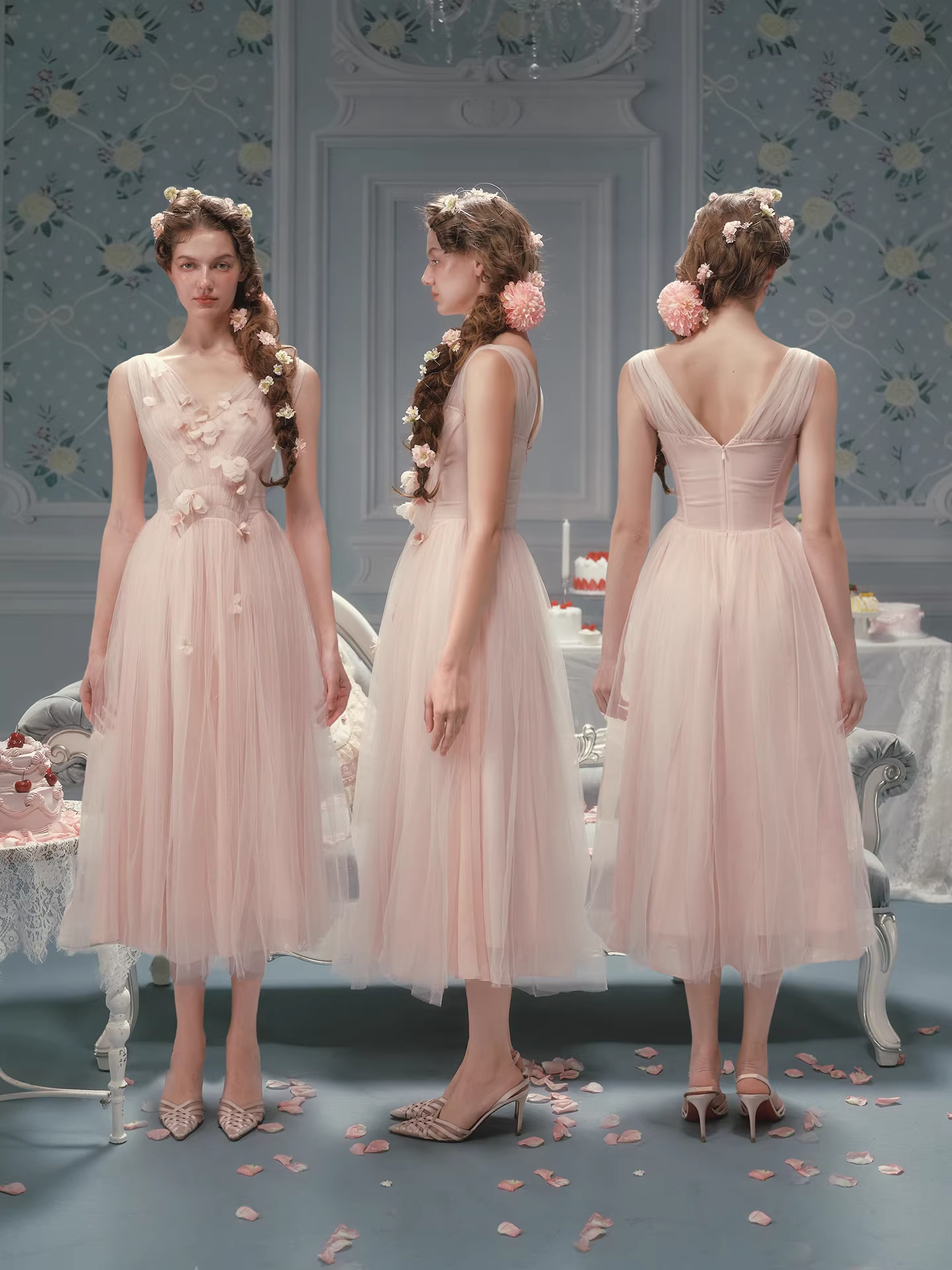 Vintage Pink Tulle Midi 3D Floral Applique Evening Gown DP8001