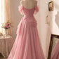 Elegant Pink Off-the-Shoulder Corset Tulle Floral Appliques High Slit Formal Evening Gown DP8466