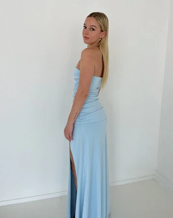 Elegant Blue Strapless Sheath Simple Long Party Dress with Slit, DP2538