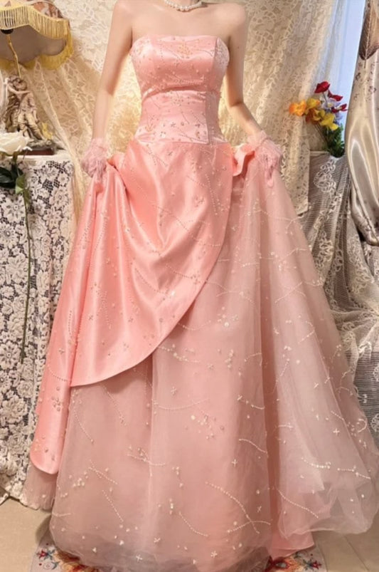 Glamorous Strapless Pink Satin & Tulle Beaded Star Embroidery Evening Gown DP8274