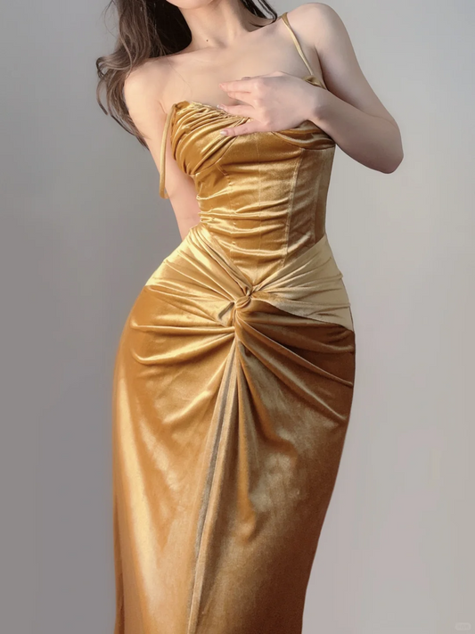 Gold Spaghetti Straps Mermaid Velvet Long Party Dress Evening Gown, DP5373
