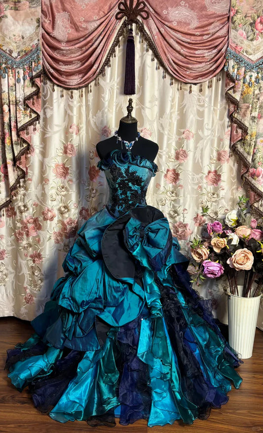 Gorgeous Strapless Satin Ruffles Sweet 16 Quinceanera A-Line Evening Dress Ball Gown DP6287