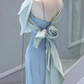 Elegant Light Blue Straps Mermaid Bowknot Long Formal Party Dress, DP3503