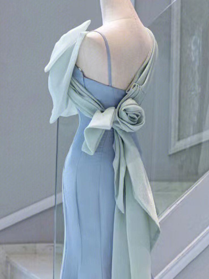 Elegant Light Blue Straps Mermaid Bowknot Long Formal Party Dress, DP3503