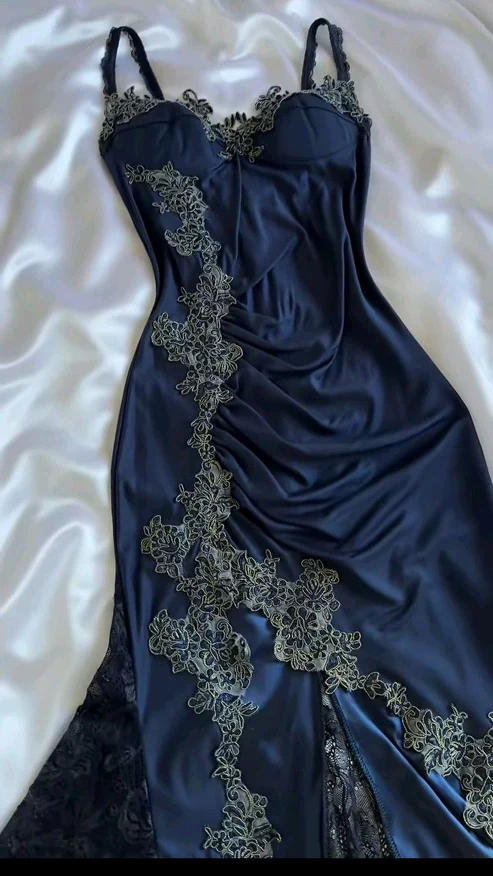 Navy Vintage Appliques Lace Charming Formal Evening Dress, DP2507