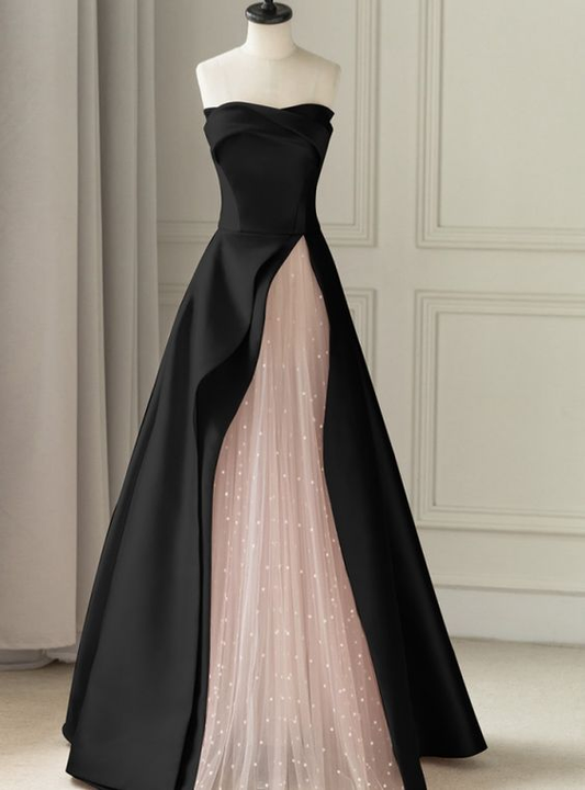 Black Strapless Satin Tulle A-Line Long Formal Prom Dress, DP2818