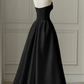 Black Strapless Satin Tulle A-Line Long Formal Prom Dress, DP2818