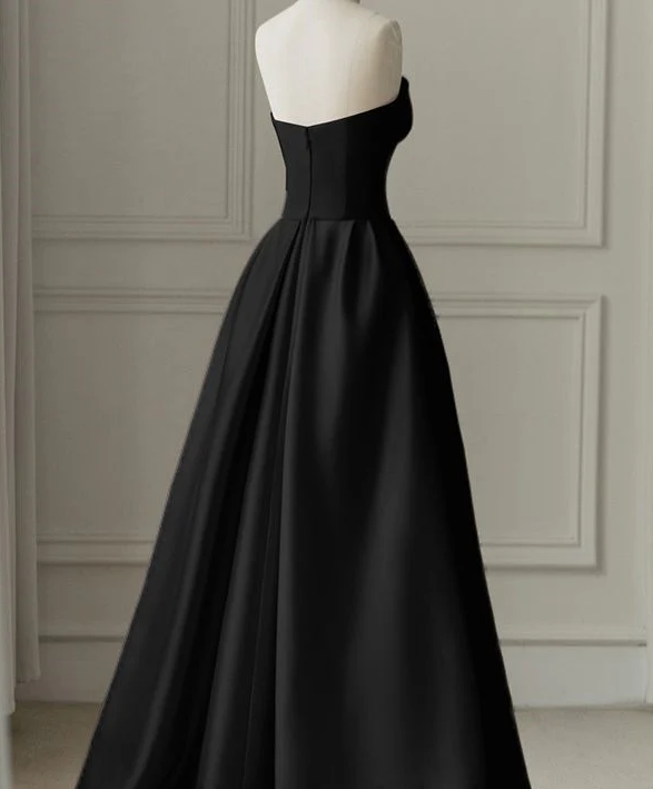 Black Strapless Satin Tulle A-Line Long Formal Prom Dress, DP2818