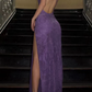 Sexy V Neck Halter Backless Purple Long Party Dress with Split, DP3661