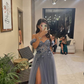 Grey Off Shoulder Appliques Tulle A-Line Long Formal Prom Dress DP3863