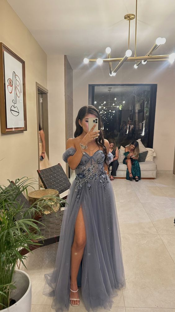 Grey Off Shoulder Appliques Tulle A-Line Long Formal Prom Dress DP3863