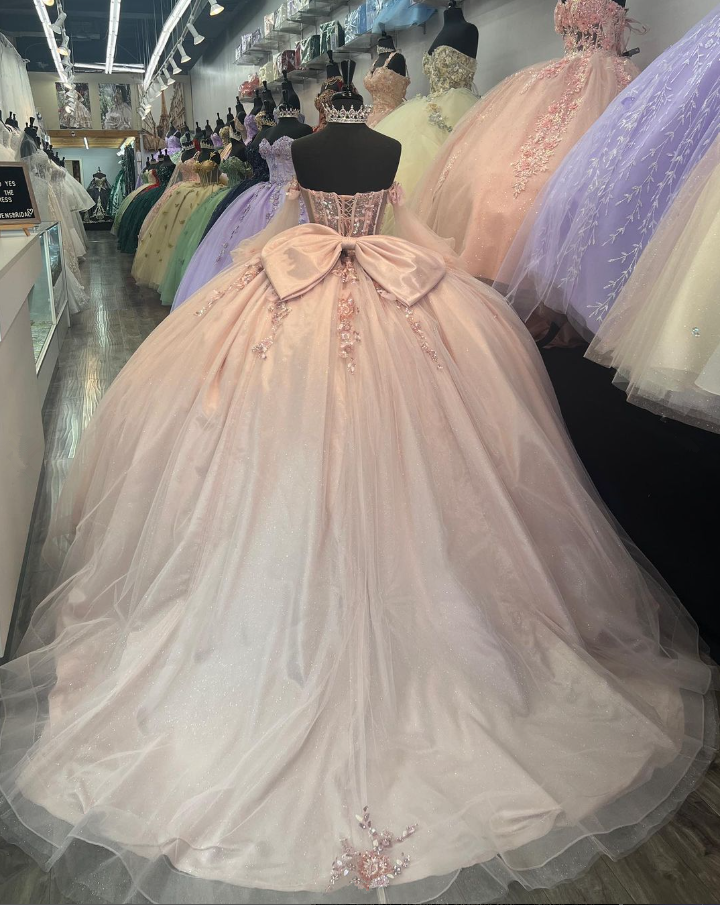 Pink Off Shoulder Beading Floral Ball Gown Sweet Birthday Dress Quinceanera Dress, DP3003