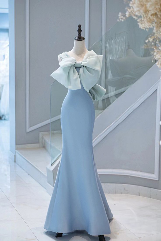 Elegant Light Blue Straps Mermaid Bowknot Long Formal Party Dress, DP3503