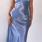 Sky Blue Straps Satin Embroidery Vintage Long Party Dress, DP2286