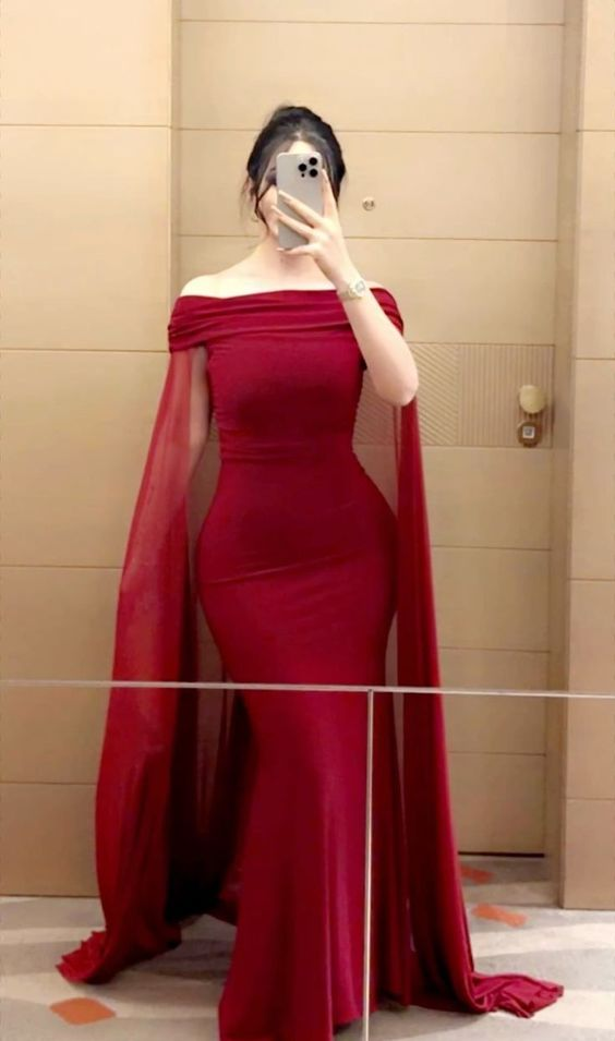 Charming Red Off Shoulder Mermaid Long Evening Dress with Cape, DP3233