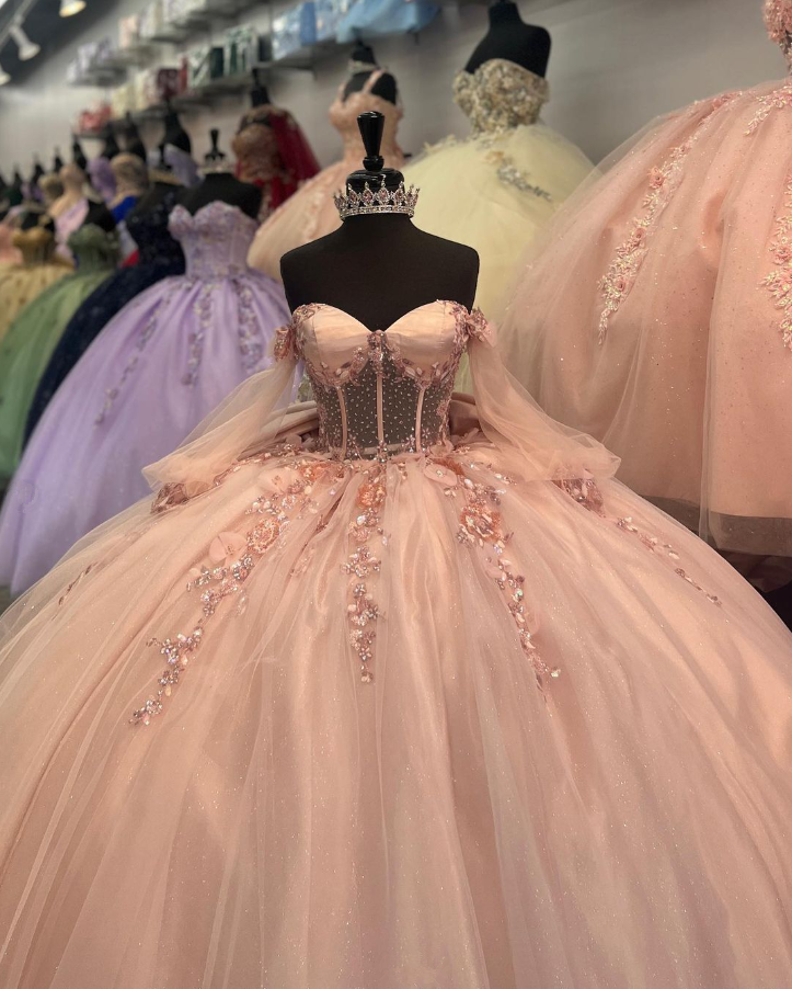 Pink Off Shoulder Beading Floral Ball Gown Sweet Birthday Dress Quinceanera Dress, DP3003