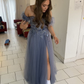 Grey Off Shoulder Appliques Tulle A-Line Long Formal Prom Dress DP3863