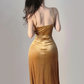 Gold Spaghetti Straps Mermaid Velvet Long Party Dress Evening Gown, DP5373