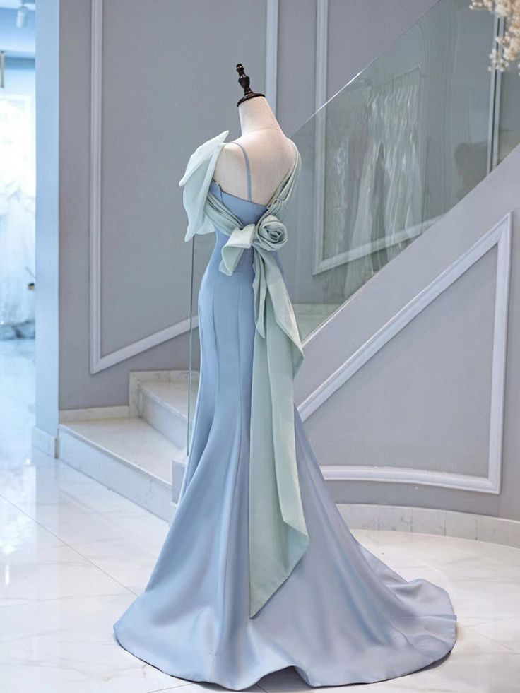 Elegant Light Blue Straps Mermaid Bowknot Long Formal Party Dress, DP3503