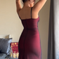 Burgundy Straps Sheath Vintage Long Party Dress, DP2569