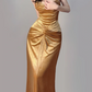 Gold Spaghetti Straps Mermaid Velvet Long Party Dress Evening Gown, DP5373