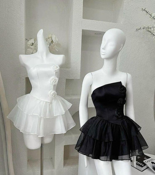 White Strapless Ruffles Cute Homecoming Dress Birthday Outfits, DP3048