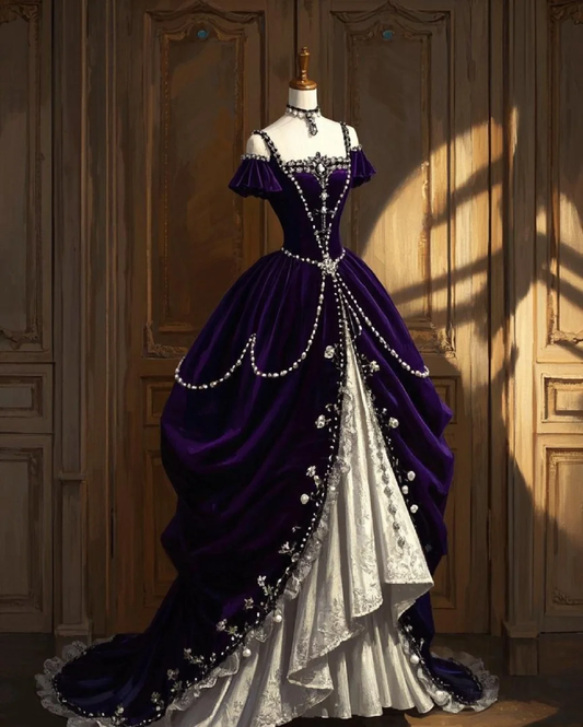 Elegant Purple A-Line Velvet Off Shoulder Vintage Evening Ball Gown Prom Gowns, DP5432