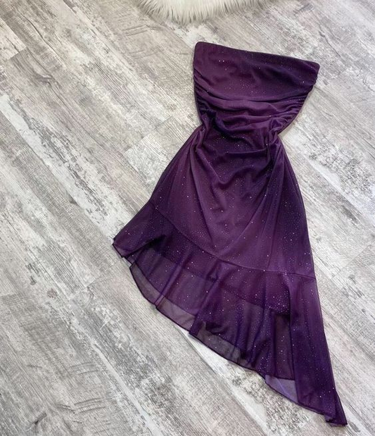 Purple Strapless Gradient Asymetrical Midi Evening Party Dress Cocktail Dress, DP3269