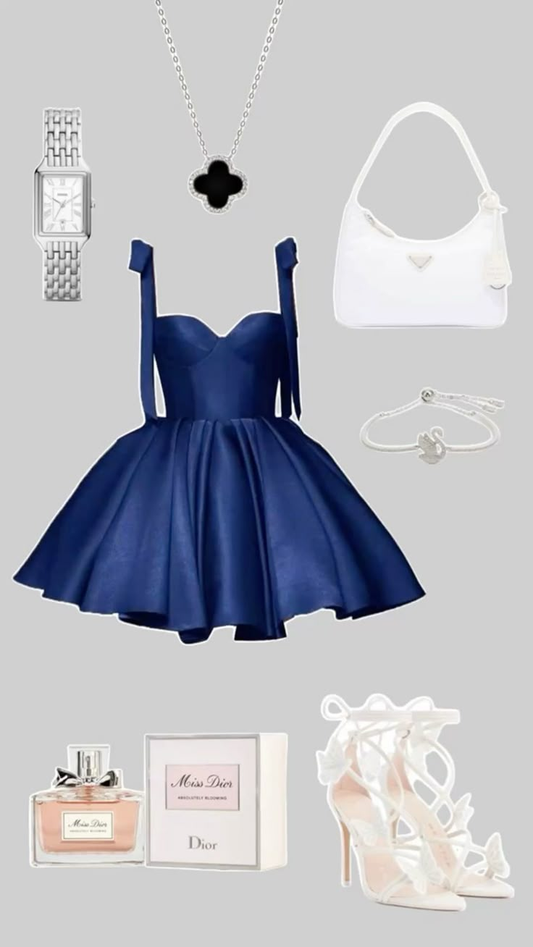 Navy Blue Straps A-Line Satin Short Party Dresses Homecoming Dresses, DP5741
