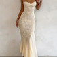 Elegant Ivory Spaghetti Straps Mermaid Lace Long Prom Dress, DP3748