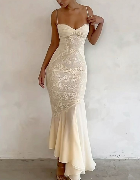 Elegant Ivory Spaghetti Straps Mermaid Lace Long Prom Dress, DP3748