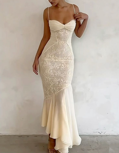 Elegant Ivory Spaghetti Straps Mermaid Lace Long Prom Dress, DP3748